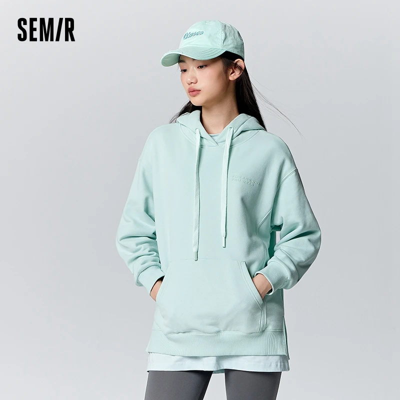 Semir Hoodie Women Mid-Length Loose Slit Letter 2024 New Winter Thermal Antibacterial Fleece Hooded Casual Versatile Sweatshirt