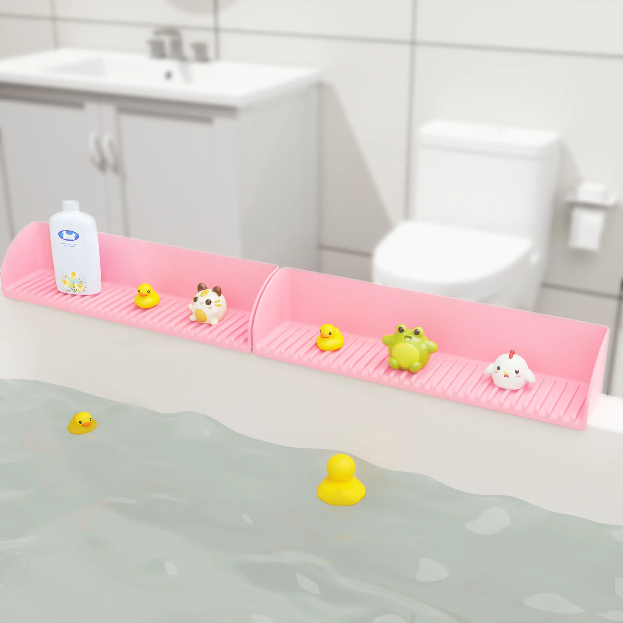 

2 Pack Silicone Bath Tub Splash Guard for Kids, Tub Water Splash Guard with 4 Suction Cups, Bath Toy Tray Holder, Tub Shelf