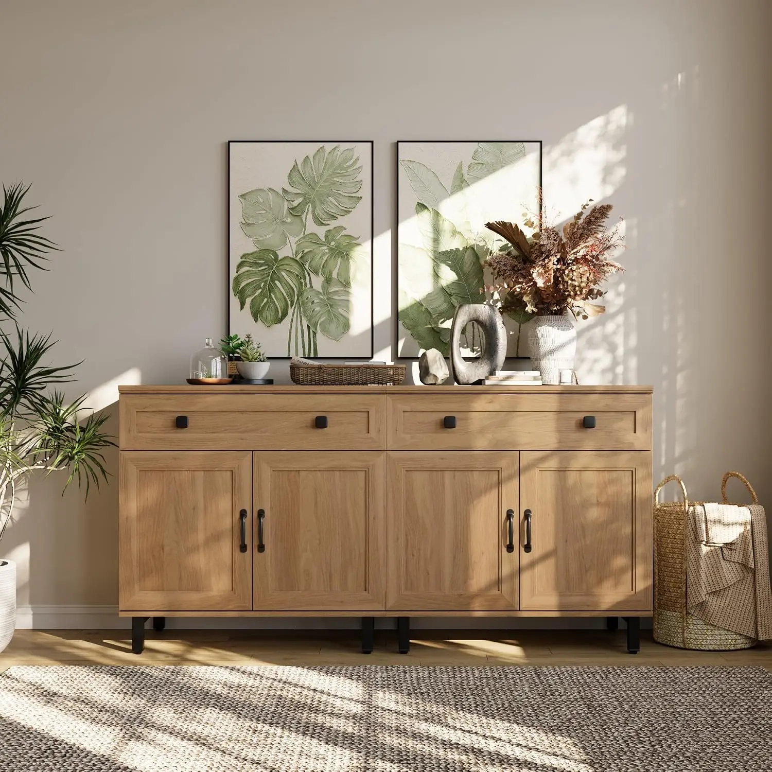 Modern Buffet Cabinet with 4 Doors and 2 Drawers, Large Coffee Bar Table Wood Kitchen Storage Cabinets with Storage, Customized