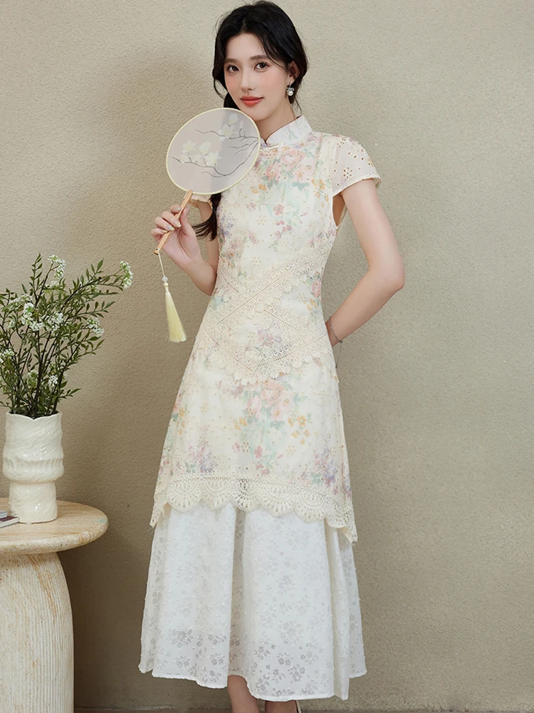 여름 플로럴 시크 레이스 홀터넥 미디 드레스 여성 우아한 캐주얼 페이크 투피스 드레스 2025 한국 바디콘 페스티벌 파티 드레스