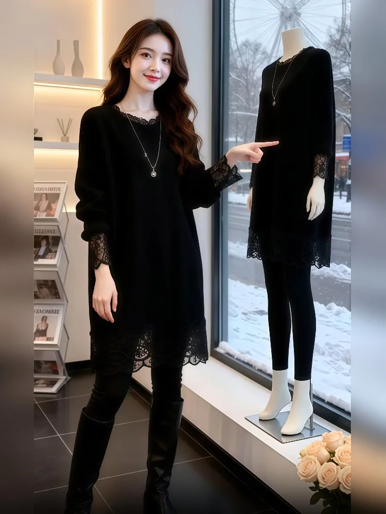 

Bla Lace Splice Knitted Top Women's Spring Loose Fit Boting irt Medium Long French Sle Comfortable mid Sve round ...