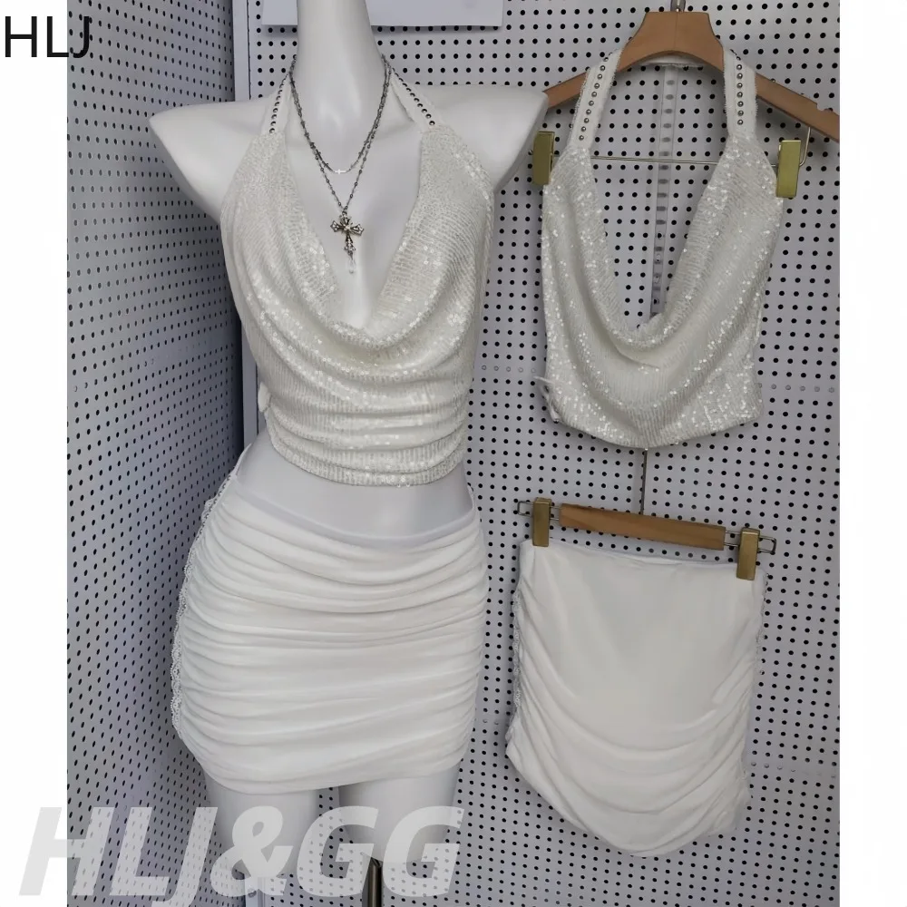 

HLJ White Sequin Two Piece Outfit Women Halter Neck Cowl Neck Crop Top and Ruched Skirt Set Y2K Clubwear Party Matching Suit