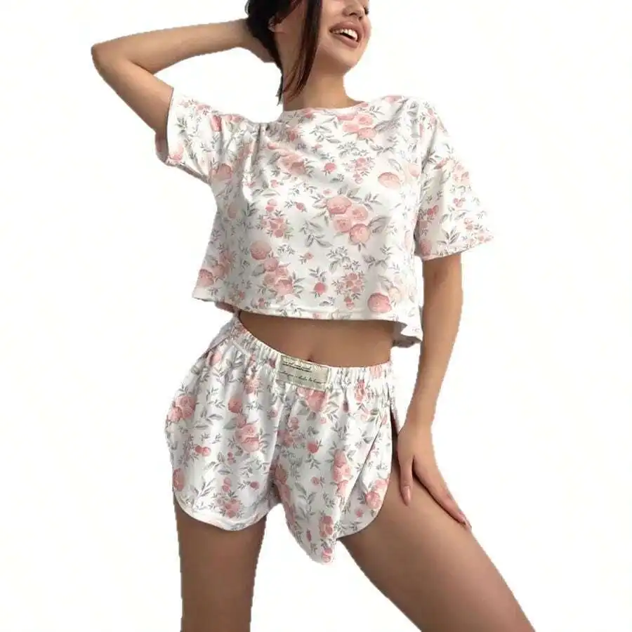 

Womens Floral Print Two-Piece Pajama Set Short Sleeve Crop Top And Shorts Comfortable Loose Sleepwear For Spring Summer