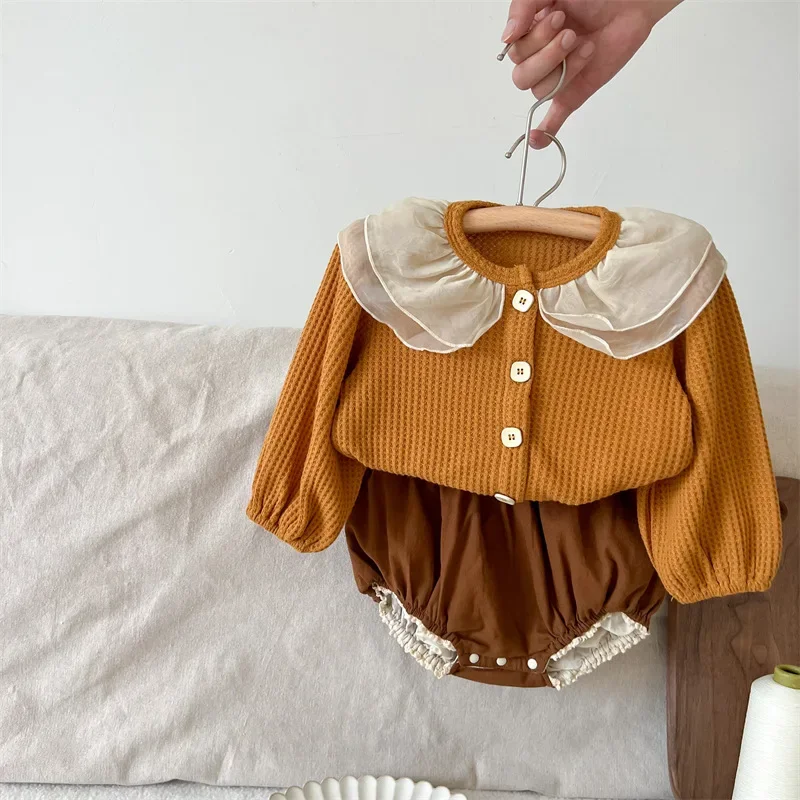 Girls Set 2024 Autumn New Baby Girls Infants and Toddlers Cotton Waffle Flower Bud Collar Top Flower Bud Pants Set Outerwear