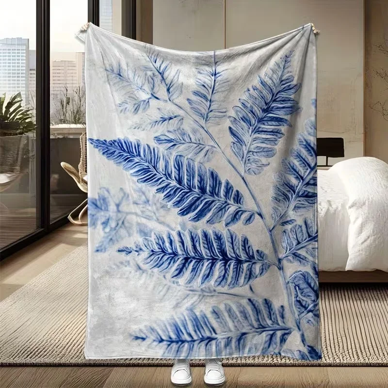 Cyan Palm Leaf Tropical Blanket Minimalist Fern Frond Print Soft Warm Blanket Boho Bedroom Sofa Home Decor All Season
