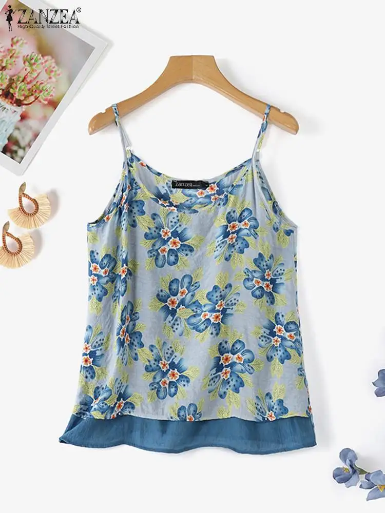 2024 ZANZEA Summer Bohemian Floral Printed Tank Tops Women Vintage Beach Camis Casual Spaghetti Strap Patchwork Blouse Blusas