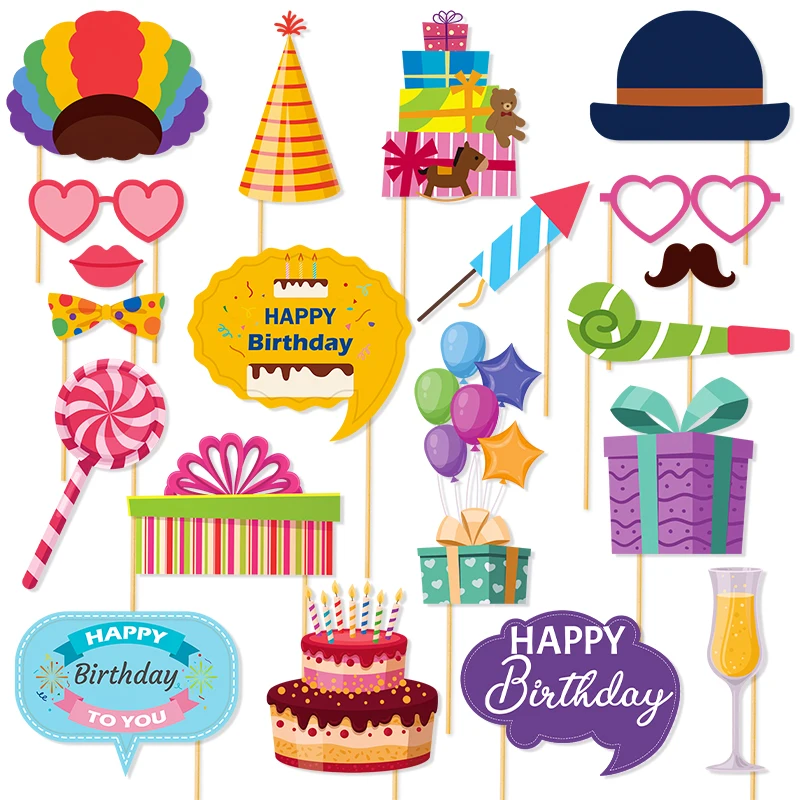 20 Stück Happy Birthday Party Photo Booth Requisiten Bunte Geburtstagsparty-Dekoration für Kindergeburtstagsfeier Babyparty Geschenke Zubehör