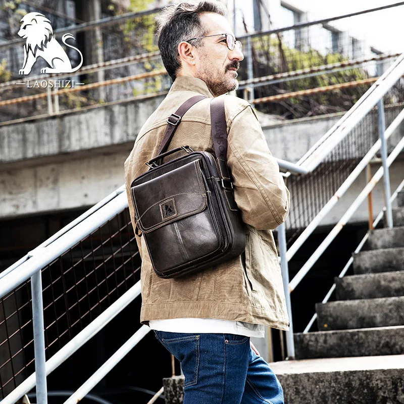 Bolsa de ombro de couro genuíno masculina, bolsa tiracolo multifuncional, bolsa de grande capacidade, 100% couro, marca de moda