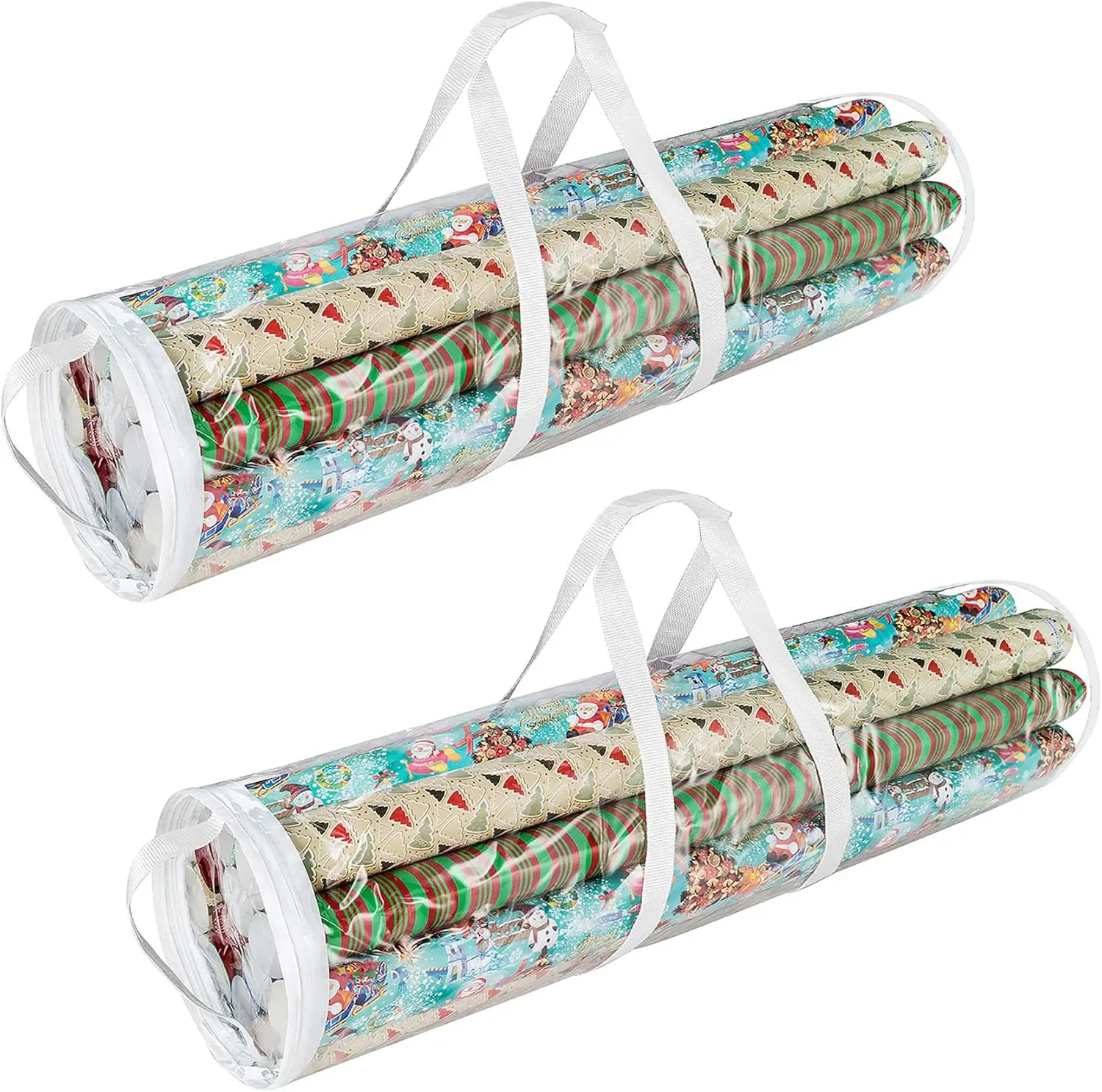 

Wrap Storage: 2 Clear Totes w/ Handles, Holds 50 Rolls, Perfect for Holidays, Any Occasion.