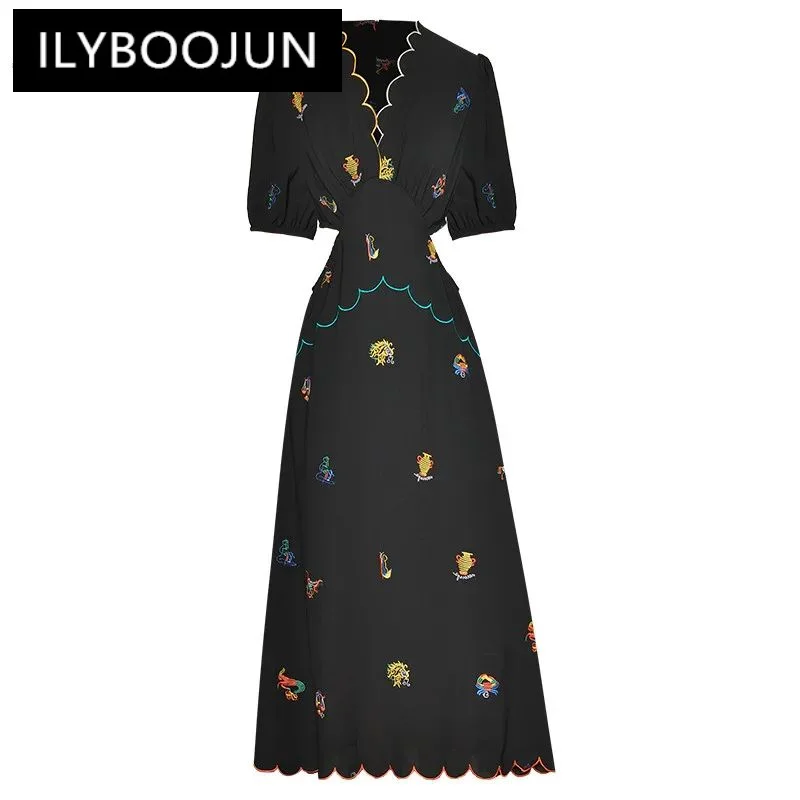 

ILYBOOJUN Fashion Designer dress Summer Women's Dress V-Neck Short Sleeve Embroidery Vintage Temperament Dresses