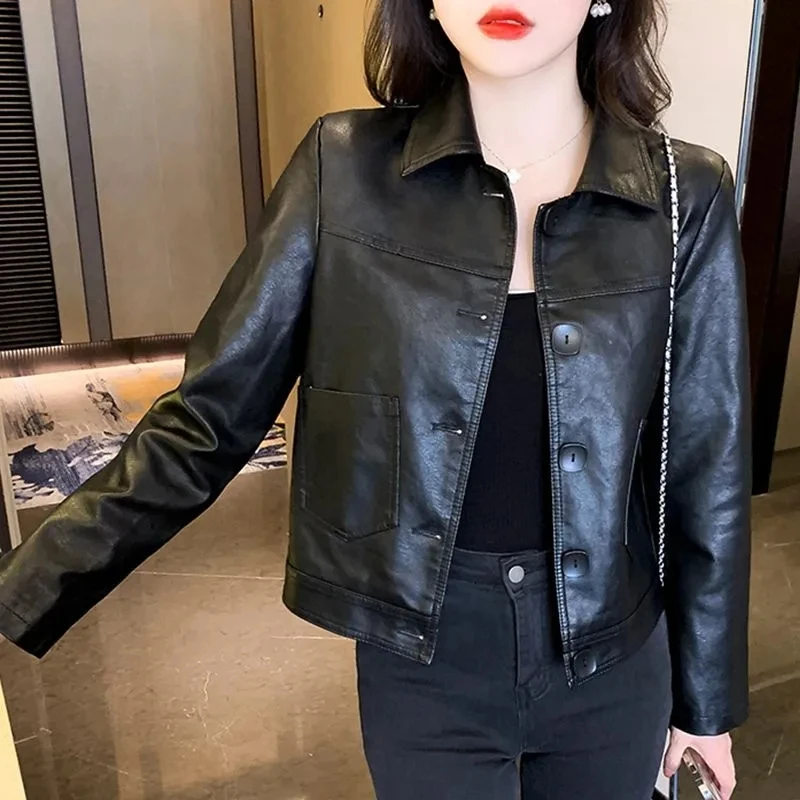 Black Spring Autumn Short PU Leather Jacket Women's Versatile High end Washed Leather Jacket Female Design Sense Motorcycle Top