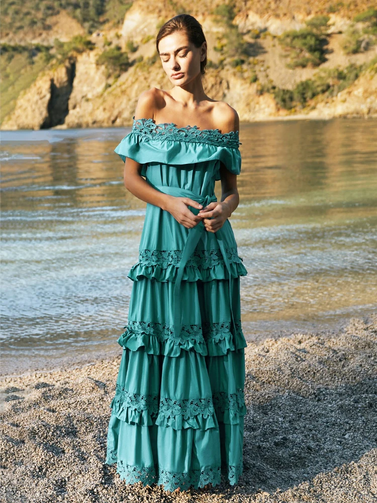 Novo babado um ombro vestidos longos primavera feminino sem mangas rendas em camadas vestido de verão cintura alta grande balanço tornozelo comprimento vestido