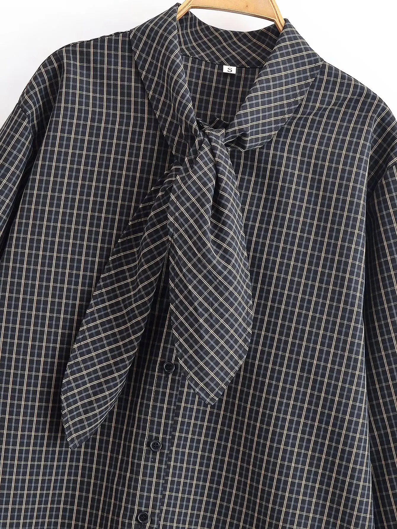 Damska koszula z szalowym kołnierzem na wiosnę, damska koszula z długim rękawem, zapinana na guziki, w kratę, modna, vintage, codzienna, elegancka bluzka.