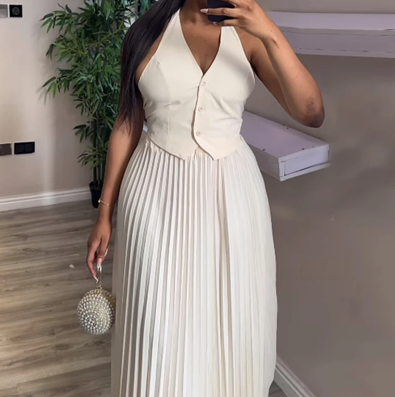 Elegant Women\'s Two Piece Summer Fashion Solid Color Hanging Neck Vest Top High Waist Pleated Half Length Dress Casual Set