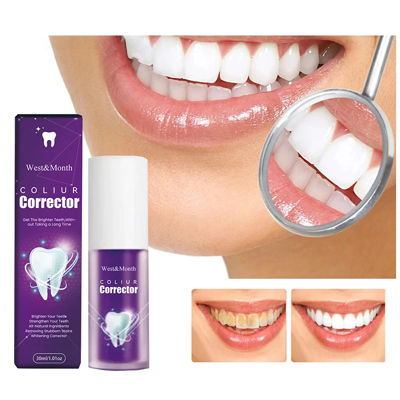 Creme dental branqueador roxo, remove manchas, reduzir amarelamento, cuidar das gomas dentárias, clareamento da respiração fresca, 30ml