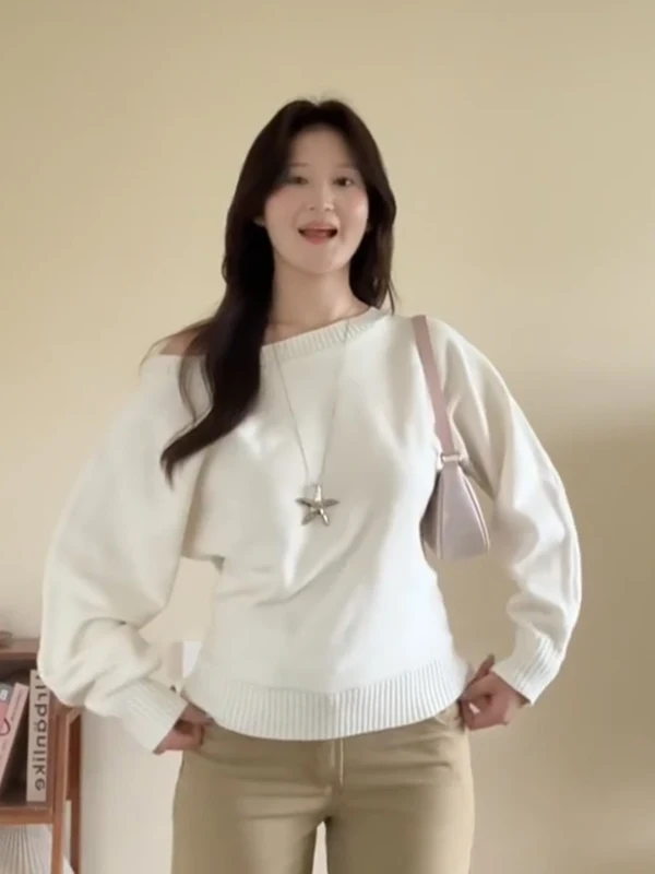 الخريف الشتاء كسول Sle لون نقي لينة فضفاضة ملابس داخلية سترة صغيرة الحجم المرأة لطيف رغبة نقية واحدة oulder أعلى #5