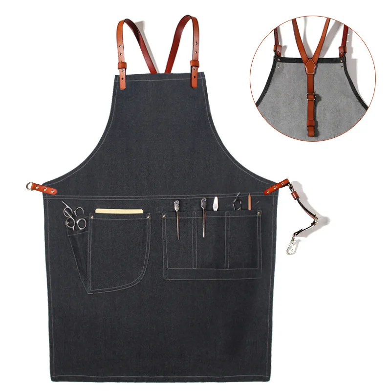 

Custom LOGO BBQ Chef Embroidery Multi-pocket Apron Coffee Shop Hairdresser Florist Work Clothes Beauty Nail Salon Denim Apron