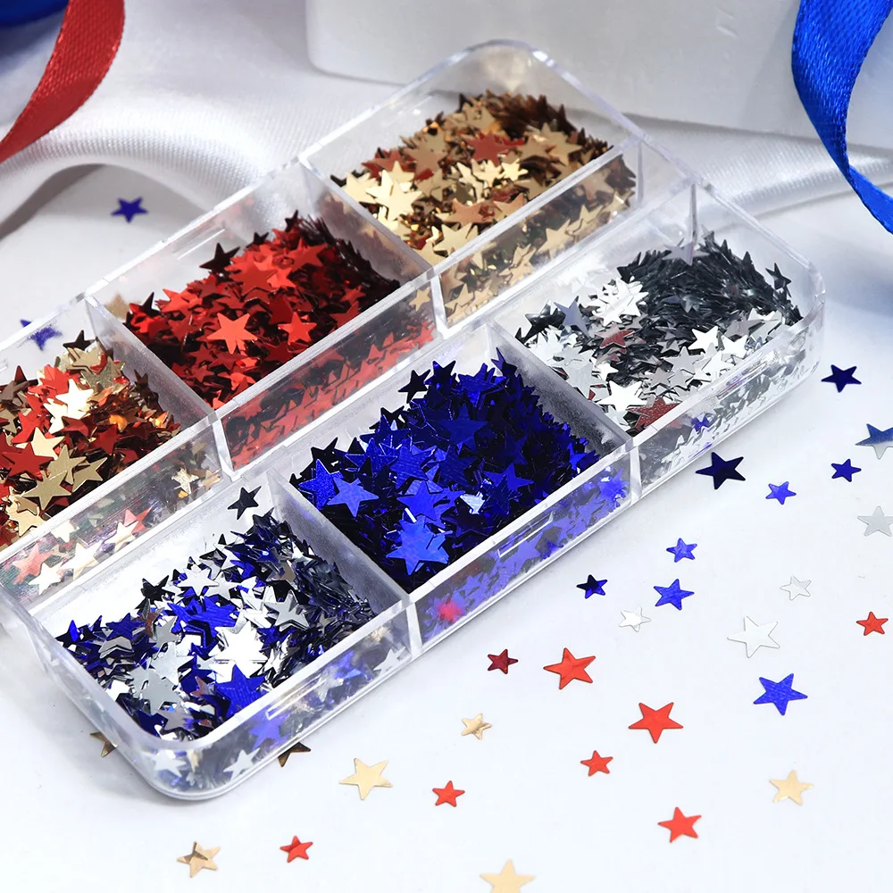 Kit glitter per unghie a stella a 6 slot – Paillettes a stella ultra scintillanti del Giorno dell'Indipendenza per unghie e nail art a pressione