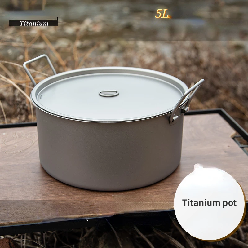 Titanium Soup Pot Outdoor 5L Pot Camping Equipment Cooking Utensils Hot Pot Portable Lightweight Travel Hiking Cookware New