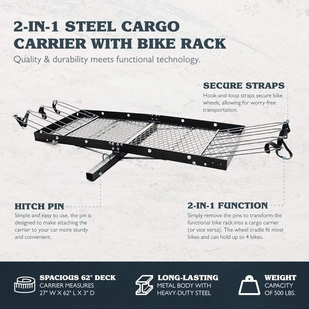 62-Inch Steel Cargo Carrier with Bike Rack, 500 lb Capacity， Black - 2-in-1 Rear Hitch Mount for Car