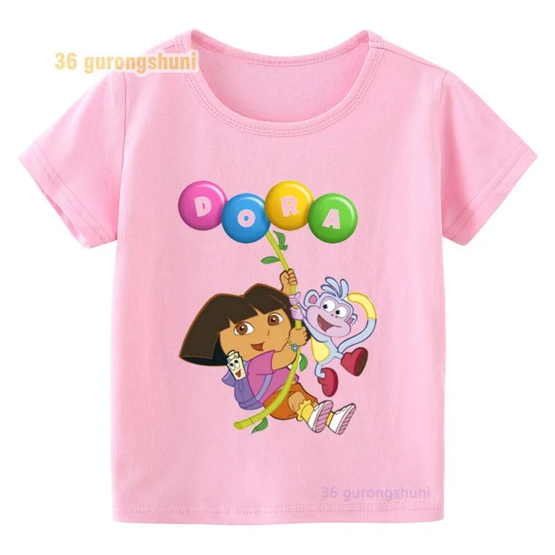 Funny Cartoon Dora T Shirt For Girls Pink Tops Graphic Tee Children clothing Kids Clothes Girl 8 To 12 Summer baby Short Sleeve