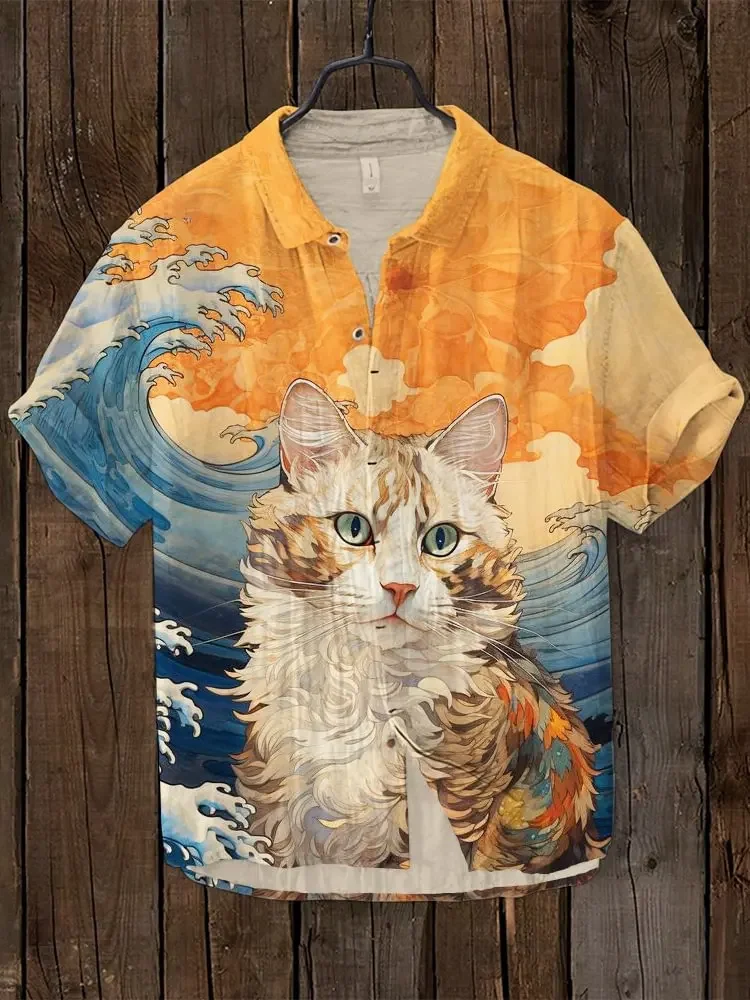 Cute yellow kitten pattern 2024 shirt printed linen short sleeved men's shirt, fashionable casual men's shirt party plus size