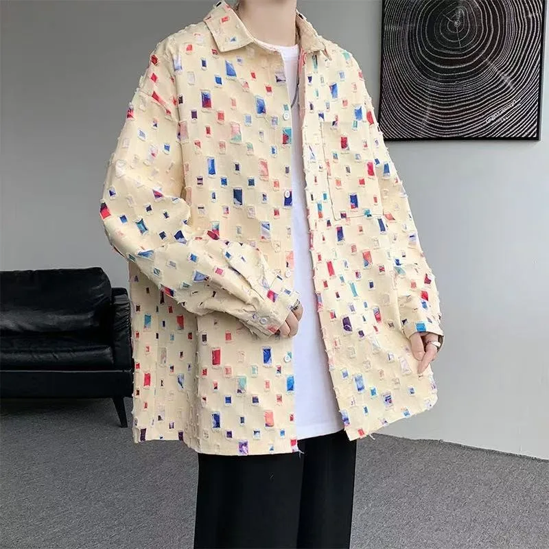 Men's Distressed Fringe Colorful Square Print Button Down Long Sleeve Shirt Jacket Casual Loose Shacket