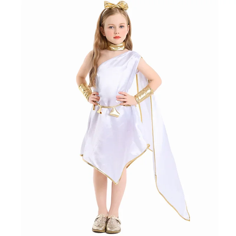 Girls Halloween Cosplay Ancient Greek Goddess Costume Athens Children's Off-shoulder Ribbon Clothes Roman Princess Dress Set