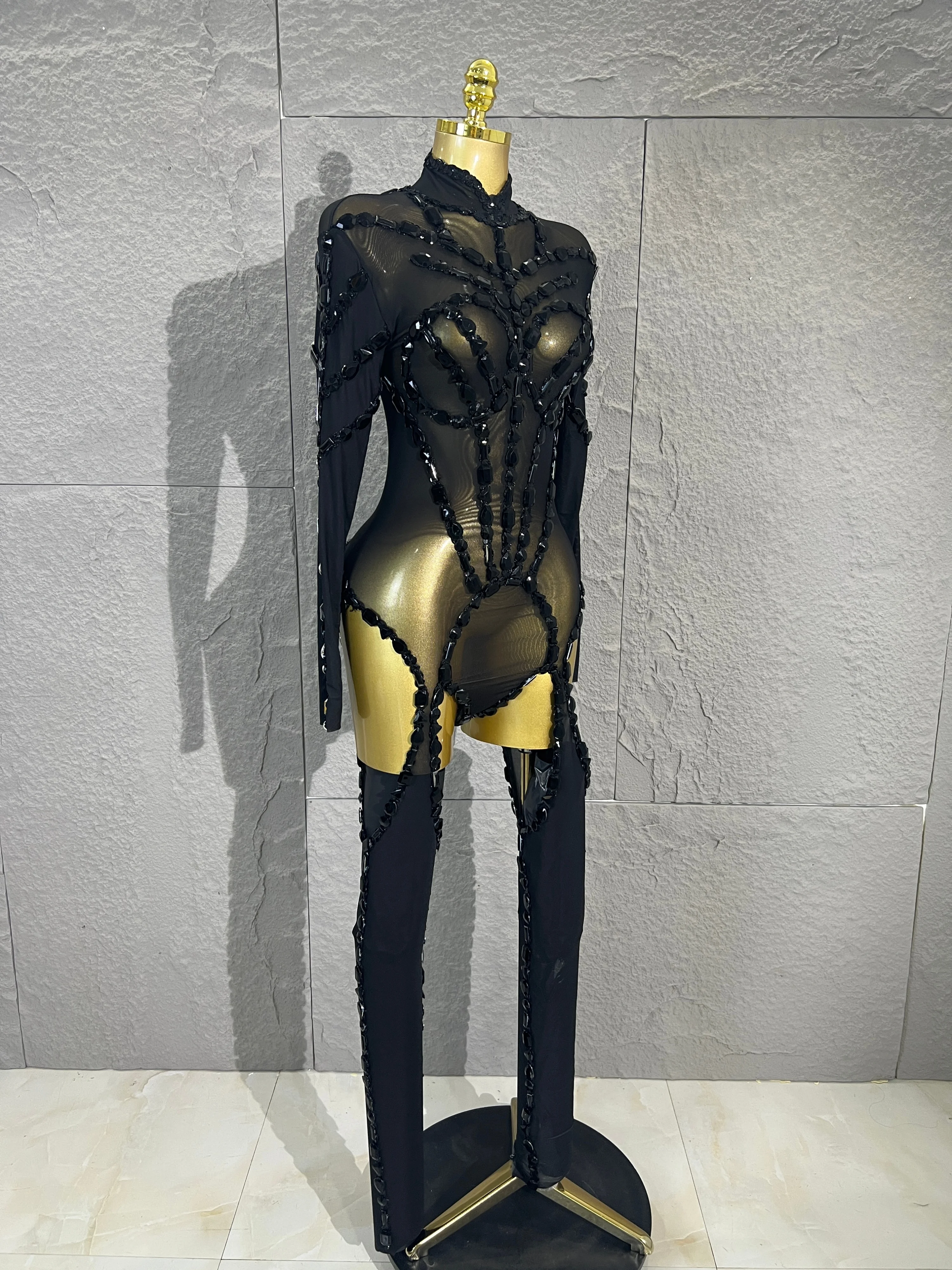 Women Sexy Rhinestone Mesh Long Sleeve Hollow Out See-Through Bodysuit Performance Costume Singer DancerOutfit For Party Show