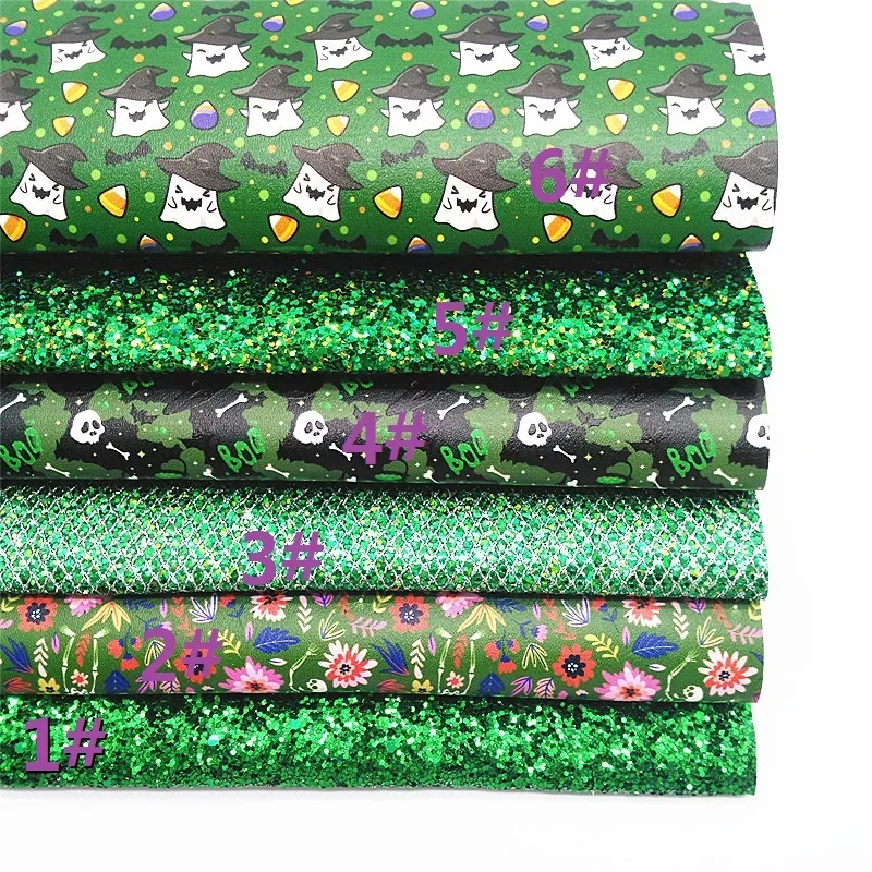 Green Glitter Leather Sheets Halloween Ghosts Skulls Skeletons Printed Synthetic Leather Sheets for DIY Craft 8.2