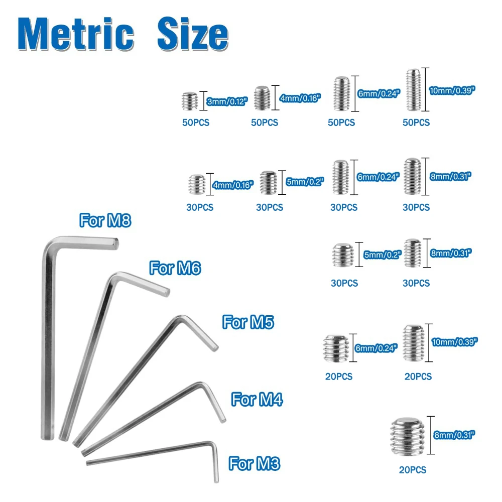 410pcs Set Screw Assortment Kit, Metric Allen Head Socket Hex Grub Set Screws, Stainless Steel Set Screws for Bathroom Fixtures