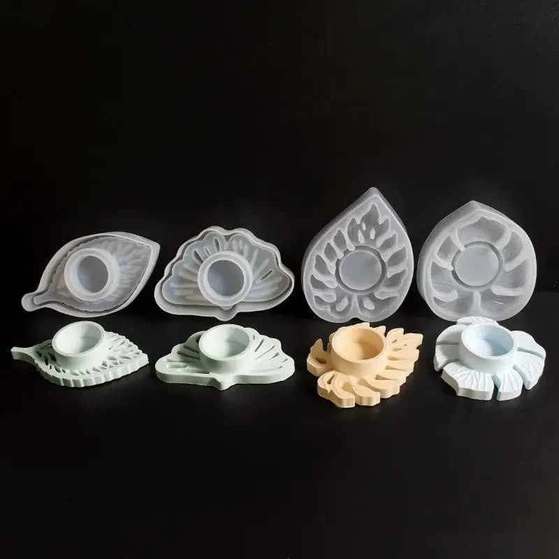 4 Sets Gipsbeton-Harzgussformen - blattförmige Kerzenhalter - Silikonformen - DIY blauer Kerzenständer