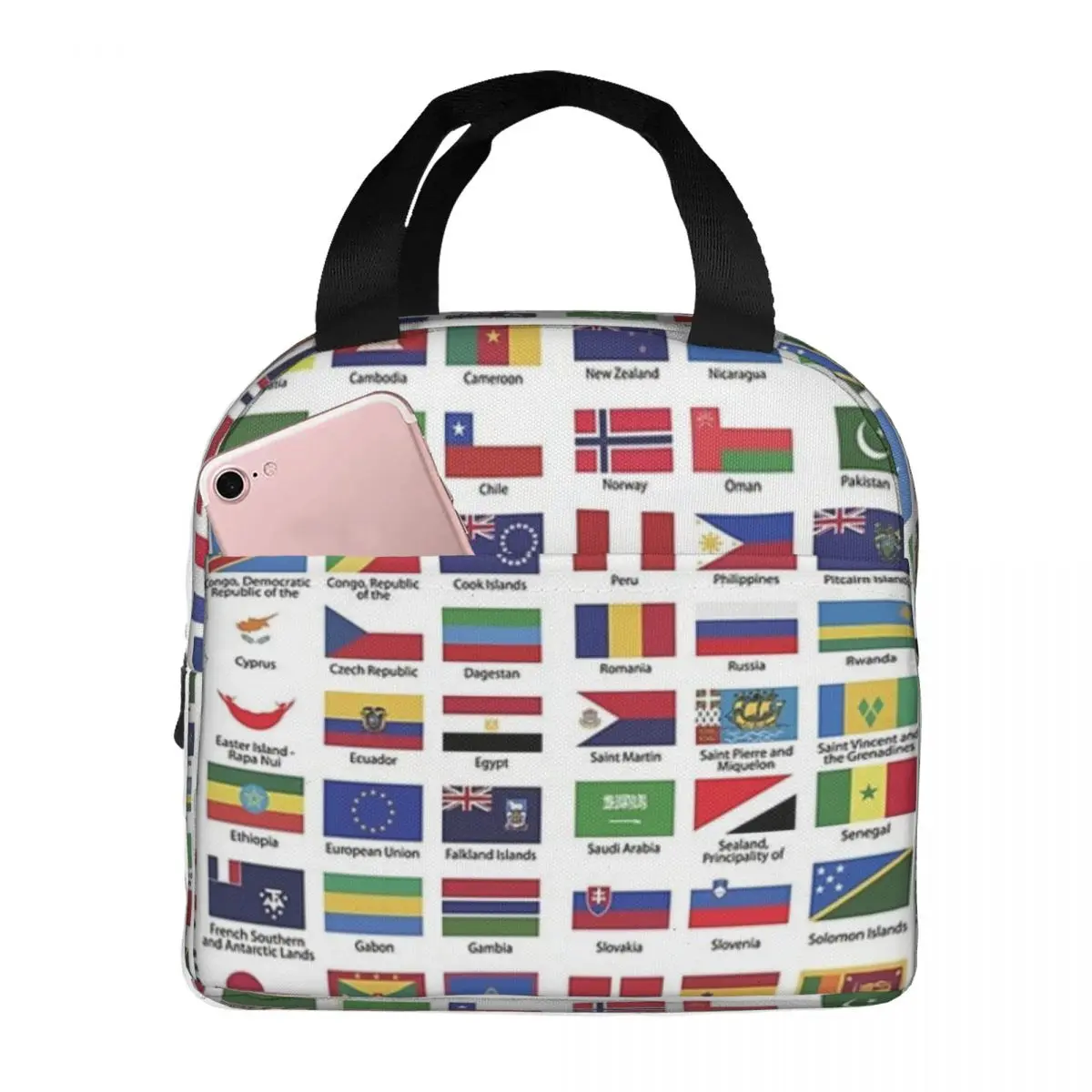 World Flags With Country Names Lunch Bags Insulated Bento Box Waterproof Lunch Tote Leakproof Cooler Thermal Bag for Woman Kids