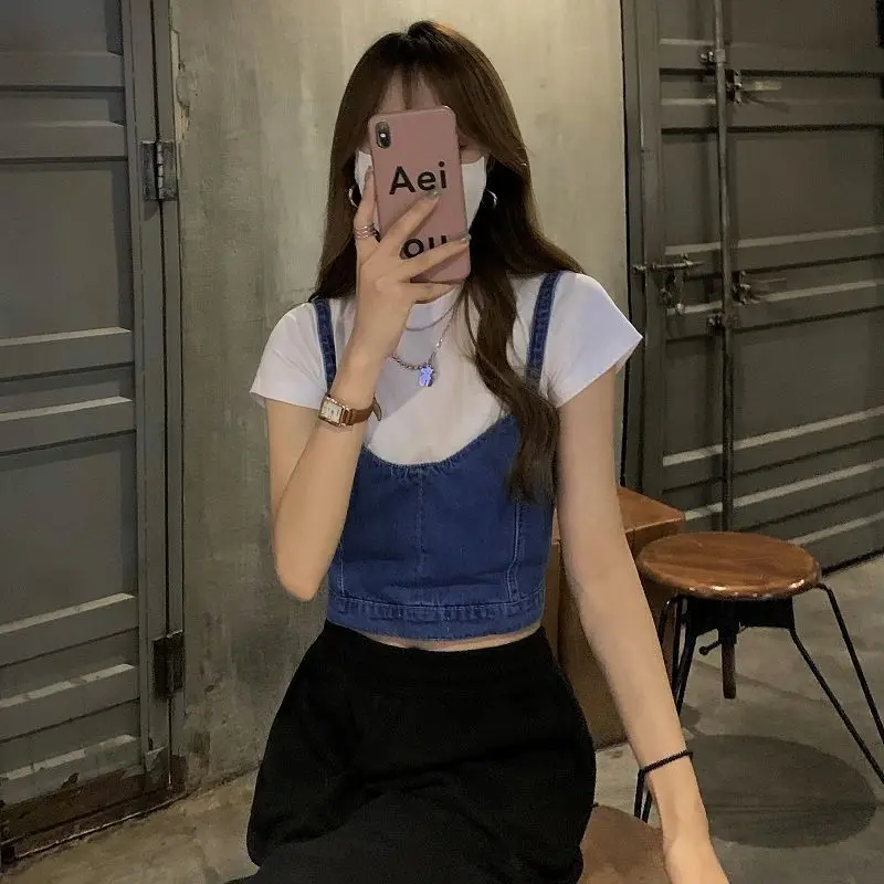 Y2k Denim Camis Frauen Sexy Bandage Crop Tops Zarte Hotsweet Sommer Einfache Mode Ärmellose Mädchen Ulzzang Alle-spiel Kleidung