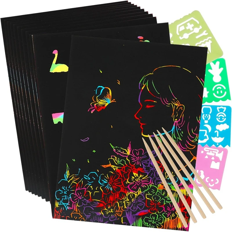 Scratch Paper Art Set, Black Scratch Art Crafts Kit For Party Favors DIY Painting Games Birthday Christmas Toys Gifts