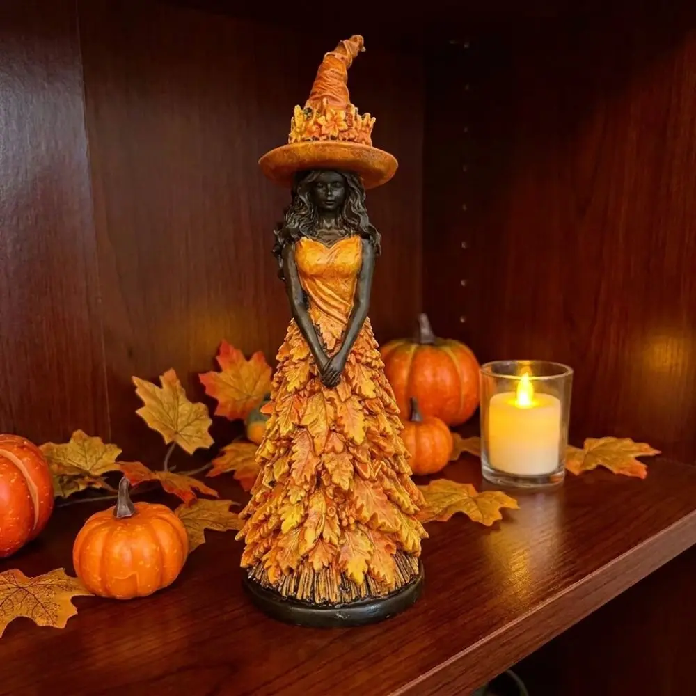 Vintage Autumn Witch Figurine Rustic Leaf Gown Leaf Witch Resin Ornament Whimsical Gothic Halloween
