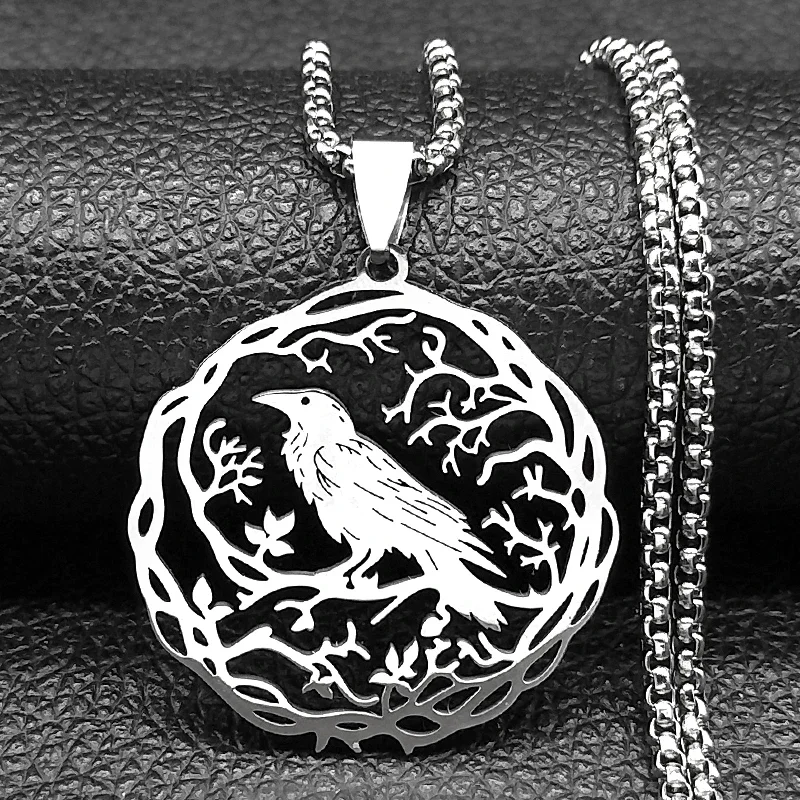 Gothic Black Crow Tree Of Life Bird Pendant Necklace For Women Men Stainless Steel Hip Hop Raven Animal Plant Jewelry Party Gift