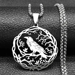 Gothic Black Crow Tree Of Life Bird Pendant Necklace For Women Men Stainless Steel Hip Hop Raven Animal Plant Jewelry Party Gift