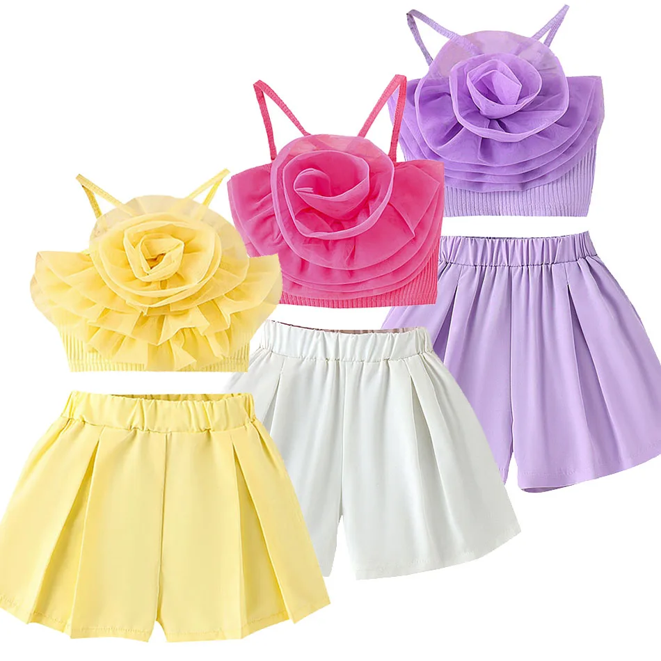 Trendy Summer Clothing Set for Little Girls Strap Flower Tops and Pleated Shorts Two-Piece Outfit Ensemble Perfect for Warm Days