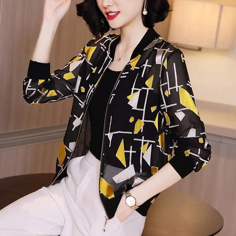 

Summer versatile outerwear for middle-aged mothers printed zipper cardigan long sleeved sun protection clothes jacket