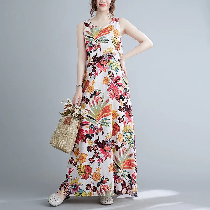 Estate nuove donne vintage allentate stampate senza maniche in cotone e canapa abito moda donna canotta abiti con cinturino maxi abiti