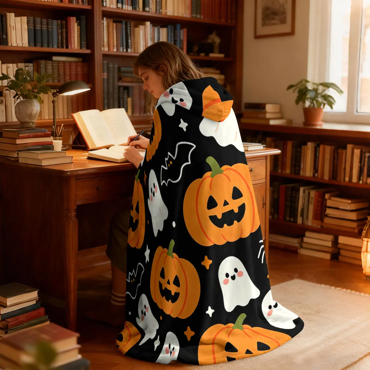 1pc Halloween pumpkin ghost bat spider print hooded blanket flannel hoodie cape blanket, soft and casual  blanket - view 2