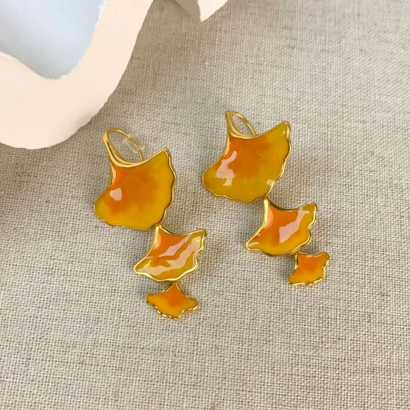 French Retro Three-dimensional Ginkgo Leaf Tassel Dangle Earrings Light Luxury New Chinese Style Niche Design Temperament Earrin