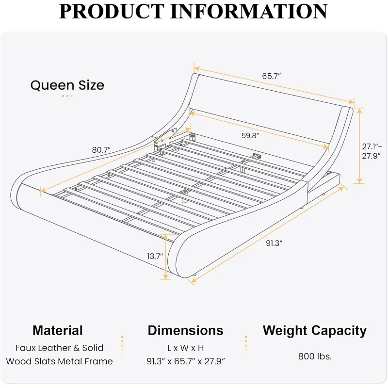 Modern Low Profile Platform Bed Frame Queen Size, Stylish Faux Leather Upholstered Sleigh Bed with Adjustable Headboard