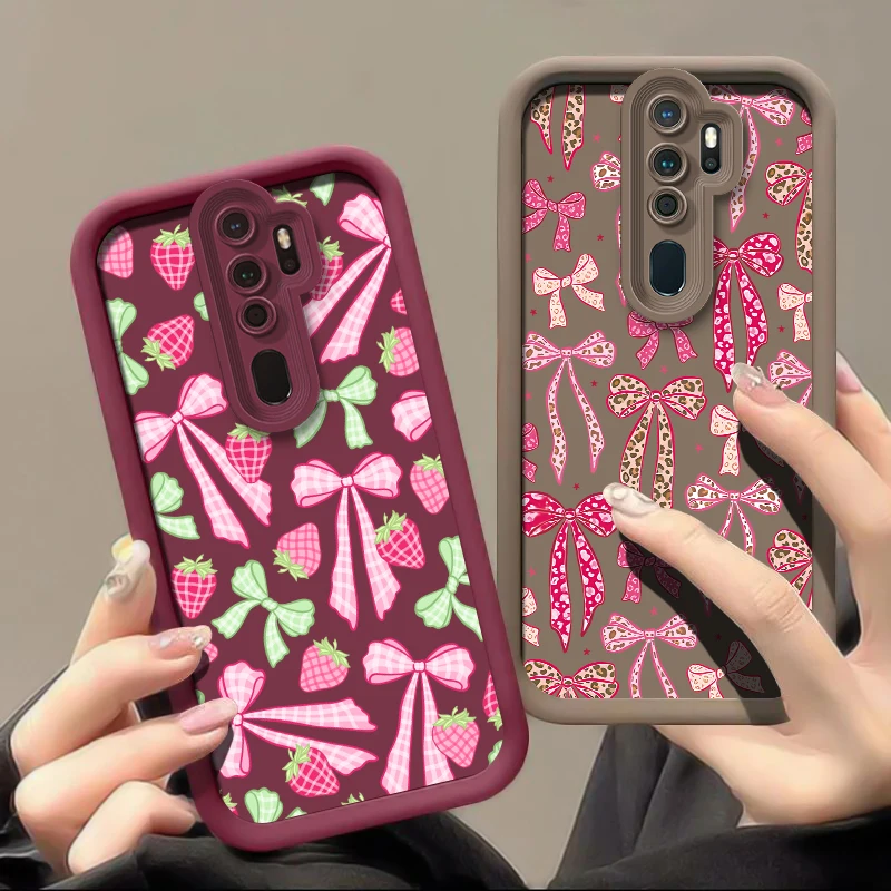 جراب هاتف ل ممن لهم A60 A76 A57 A55 A54 A52 A33 A32 A92S A72 A73 A74 A38 A53 لطيف القوس عقدة الفراولة طباعة غطاء مقاوم للصدمات