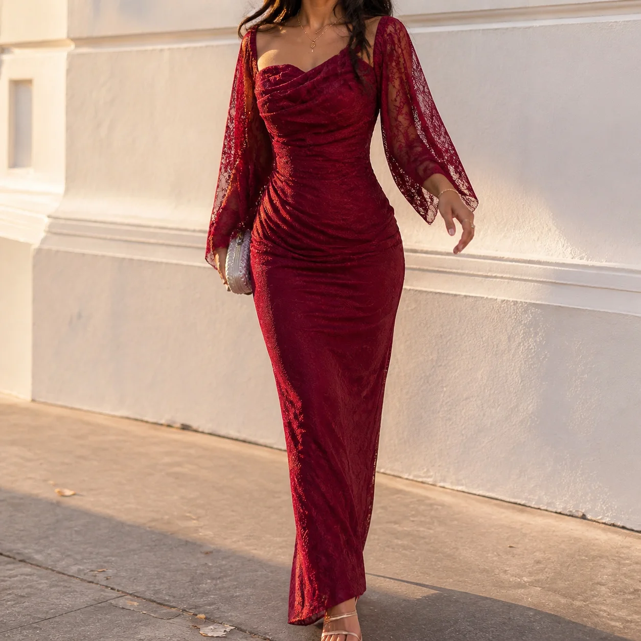 Long Sleeve Floor Length Gown Mid Waist Elegant with Rhinestone Embellishment Natural Waist Maxi Length Spring for Women