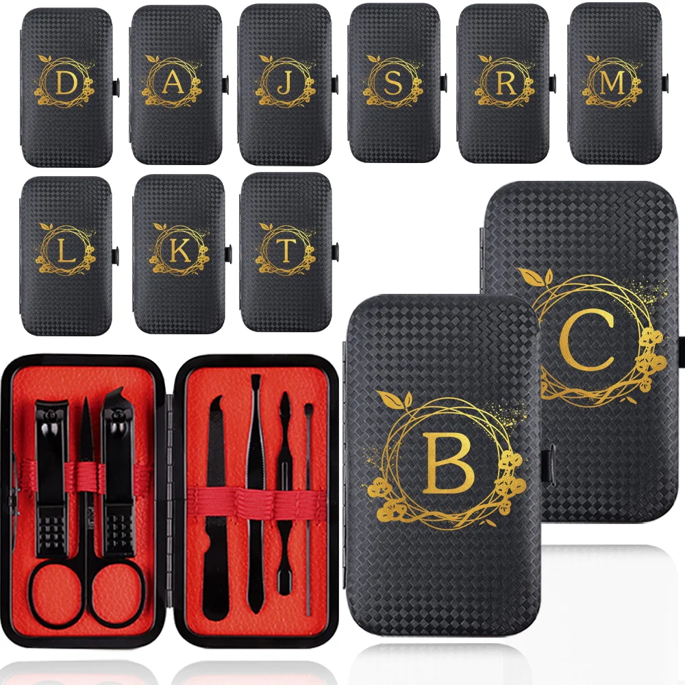 

7Pcs Manicure Tool Kit With Portable Case Stainless Steel Pedicure Set Pocket Nail Clipper Organizer Daily Wreath Letter Pattern