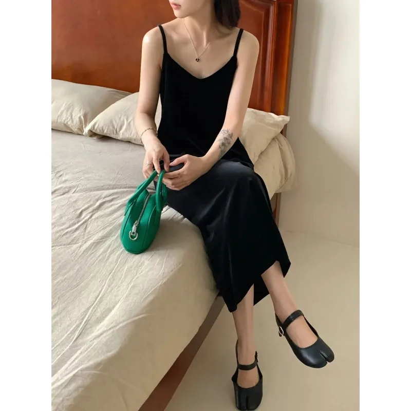 Jupe à bretelles en velours noir et doré pour femmes, col en v, rétro, ample, ligne a, dos nu, robe extérieure d'automne