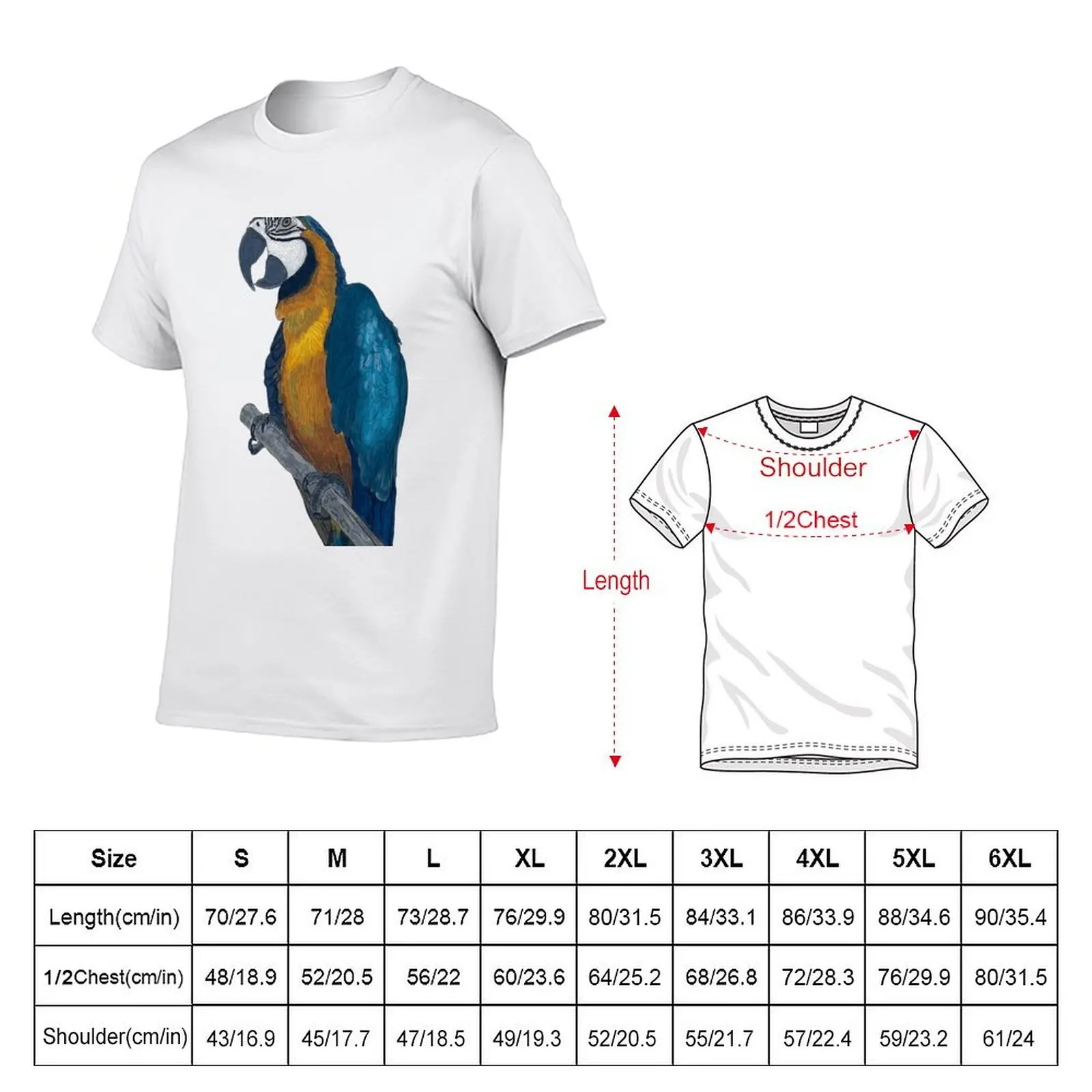 Blue + Yellow Macaw on a Twig Scientific Drawing T-Shirt Fashion Graphic Tee for Men