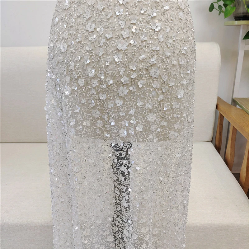 New Heavy Industry Flower Beaded Sequins Fabric Wedding Dress Curtain Clothing Lace Fabric Embroidery Lace Fresh Veil